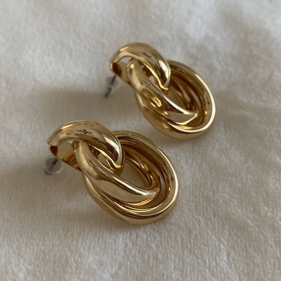 Gold Linked Dangle Hoop Loop Round Statement Earrings New - Picture 3 of 8